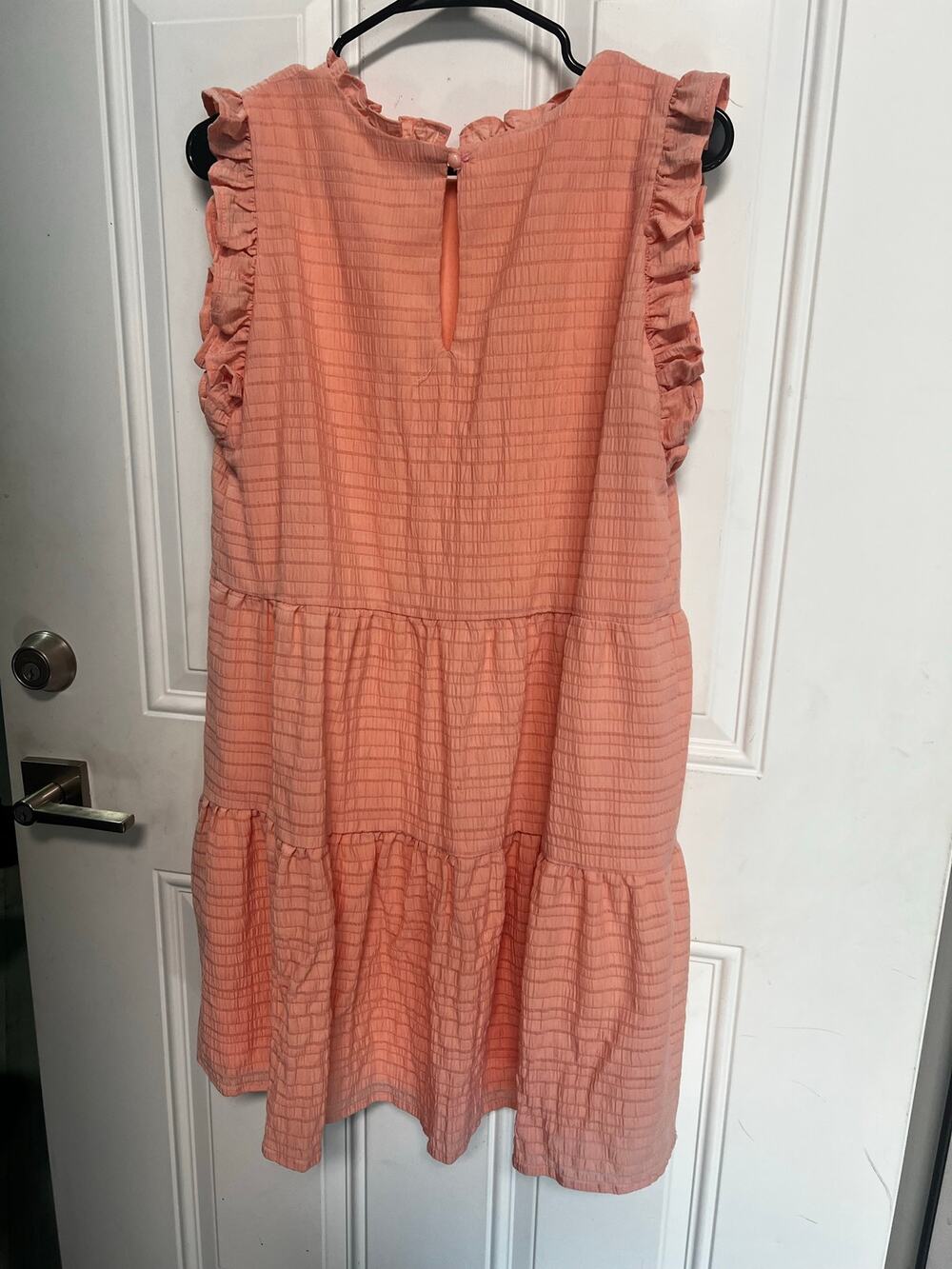Be by Chetta B Peach Pink Ruffle Tiered Mini Dress Size L Seersucker